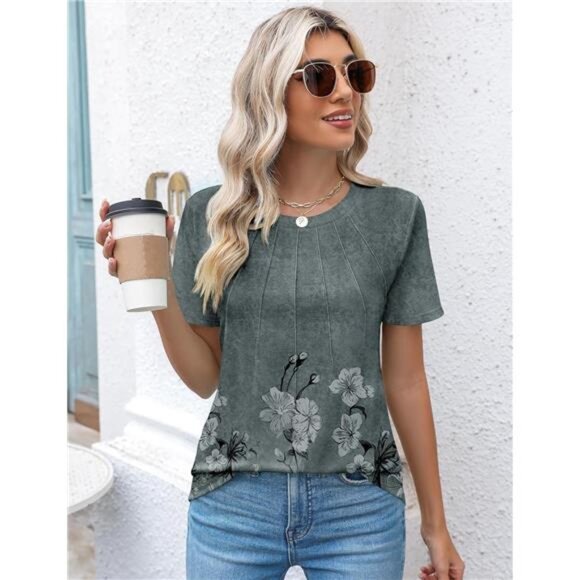 Womens Casual Crew Neck Short Sleeve Pleated Tops Blouses Fashion Clothes 2025 - Picture 2 of 6
